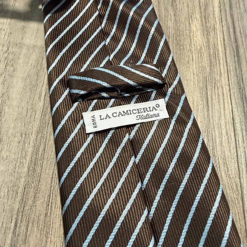 La Camiceria Italiana 100% Silk Tie Brown Blue Striped Made In Italy‎